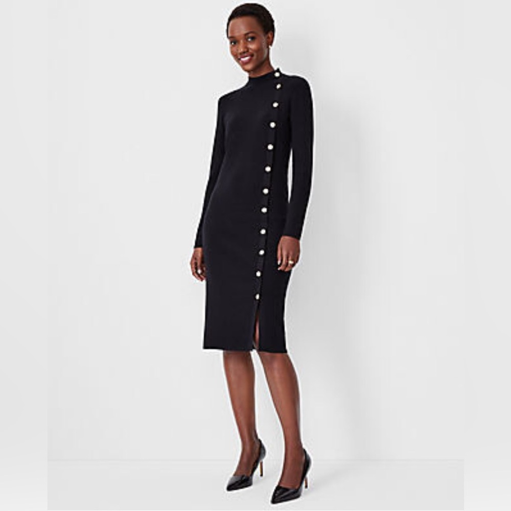 Ann Taylor Black Long Sleeve Sweater Dress with Button Accents